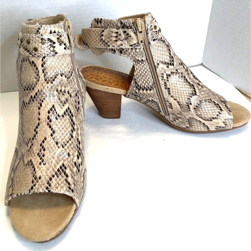 Snake Print Shoes Open Toe Fashion Classic Bootie Heel Sandals Brown Tan Sz 10M - Picture 3 of 16